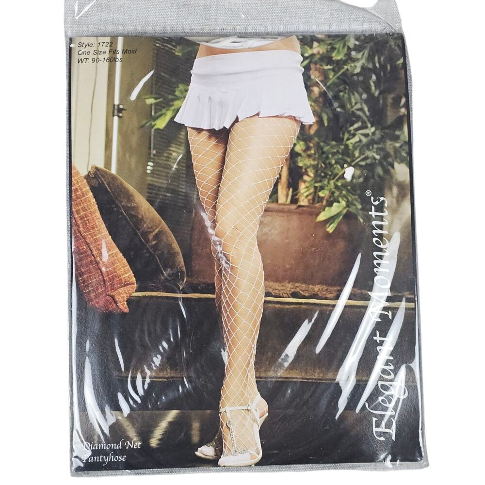 New Elegant Moments Pantyhose One Size White Diamond Fish Net  Nylon Tights